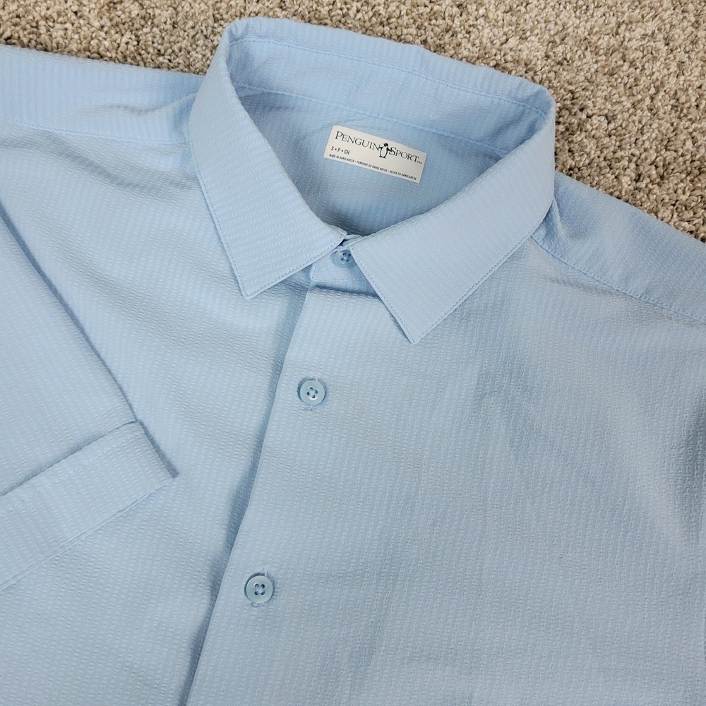 Penguin Sport Mens Small Solid Blue Performance Stretch Seersucker Button Up SS